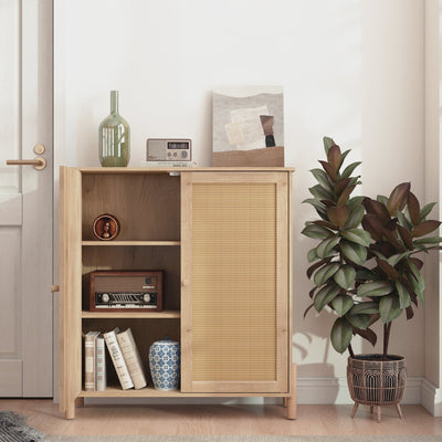 Mid-Century Modern Storage Cabinet with Woven Rattan Doors & Adjustable Shelves - Perfect for Living Room & Dining Room