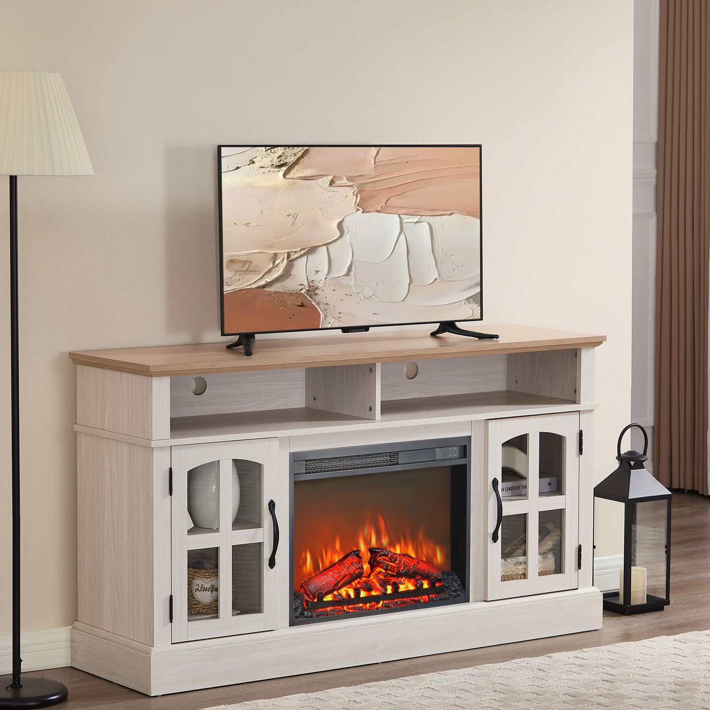 58' Fireplace TV Stand, Entertainment Center with 23' Electric Fireplace, TV Table for TVs up to 70 Inch, Media Console Cabinet with Storage and Glass Doors for Living Room