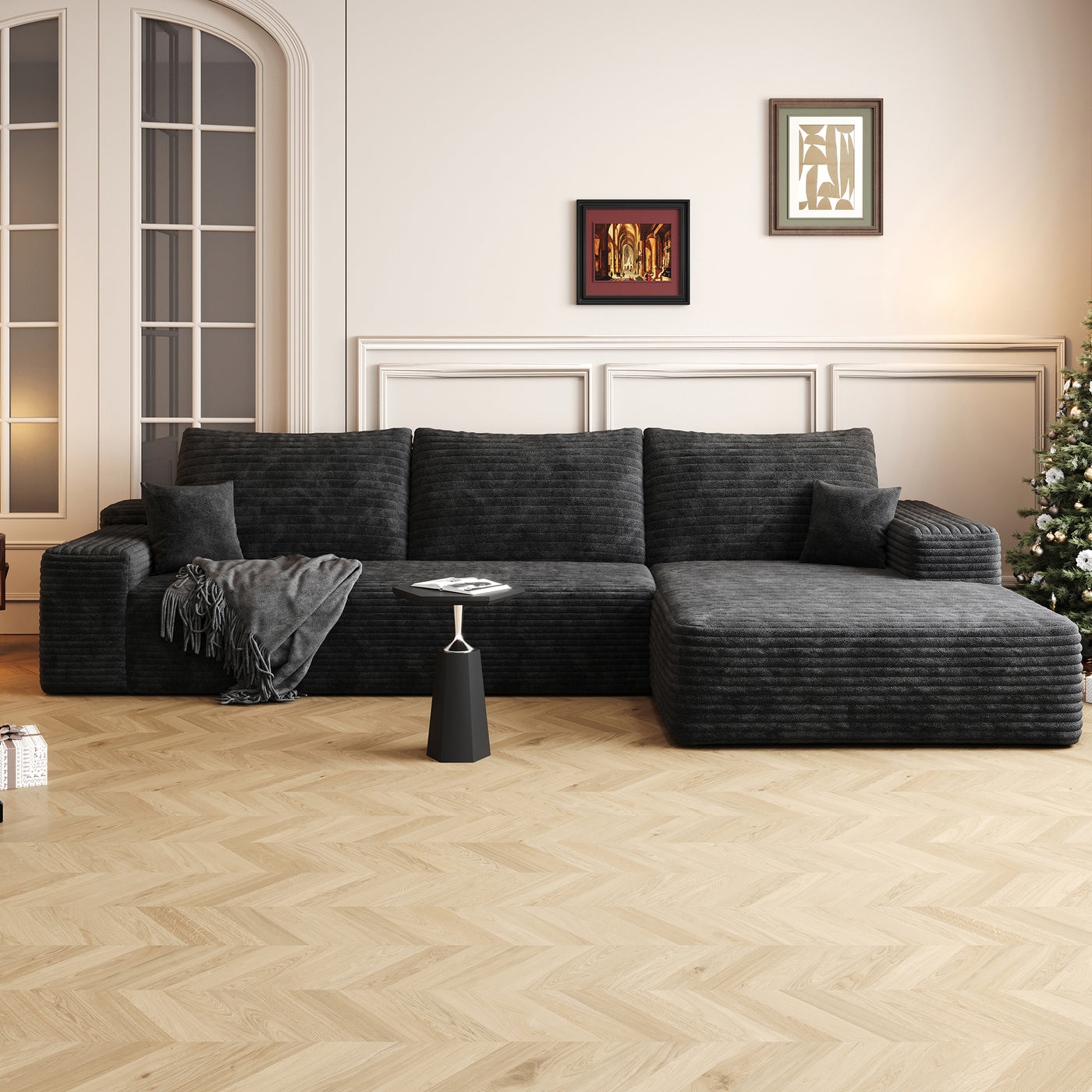 107' Cloud Sectional Couch with L-Shape Chaise,Modern Modular Sofa with Deep Seat, Upholstered Couches for Living Room Bedroom,No Assembly Required, BLACK(Plush Corduroy Fabric)