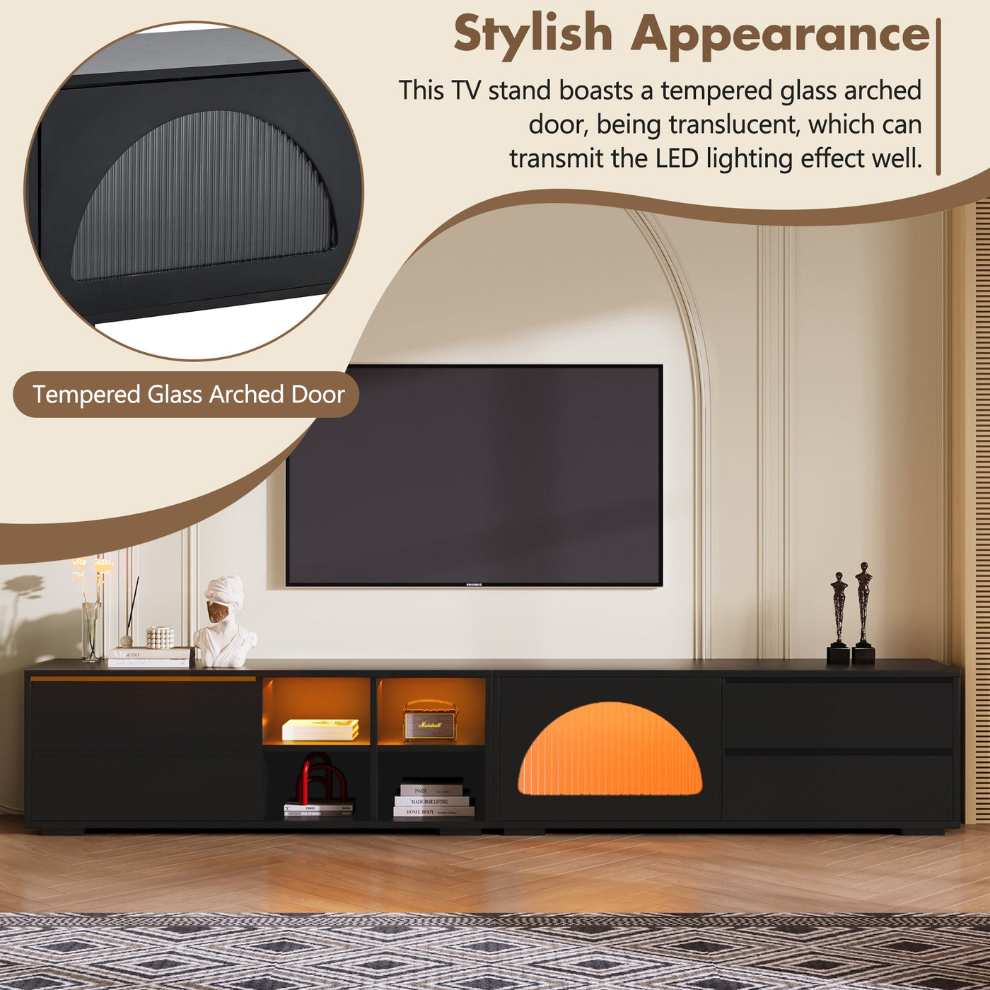 ON-TREND Modern TV Stand with Fluted Glass Door for TVs Up to 100', Media Console with Sliding Door & 2 Drawers, Free-Combination Entertainment Center with LED Light for Living Room, Bedroom, Black