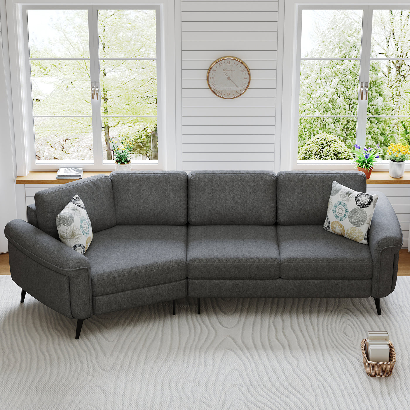 111' Upholstered 3-seater Sofa Curved Sofa Couch with Two Printed Pillows for Living Room, Dark Gray