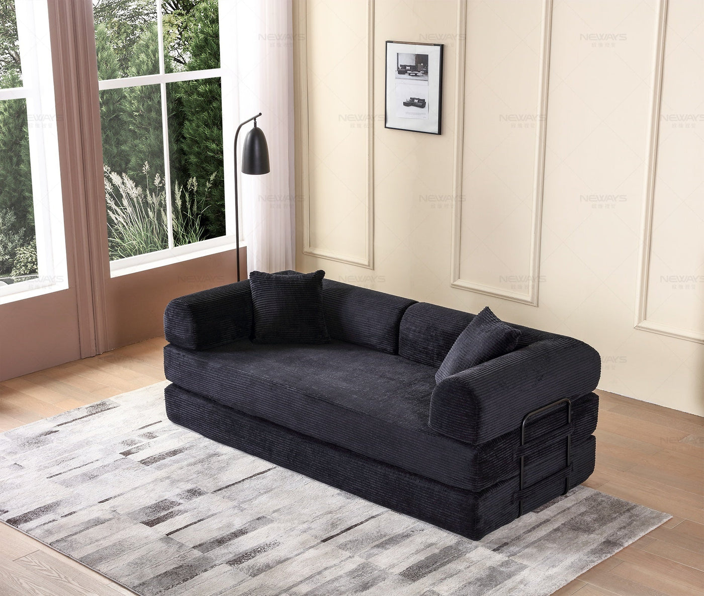 Convertible Sleeper Sofa Bed with Cylindrical Pillow - Corduroy Folding Mattress Couch with Fixed-Shape Frame for Living Room, Bedroom, Lounge, Studio - Black