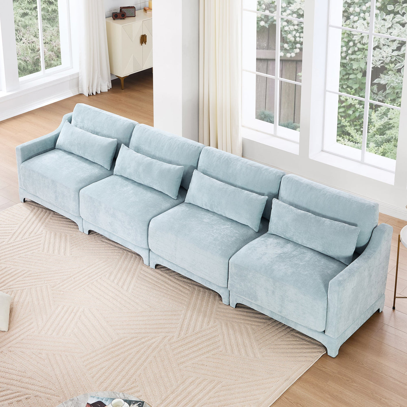 Sky Blue Four-Seater Chenille Sofa with Lumbar Pillow, Ergonomic Design, Solid Wood Frame