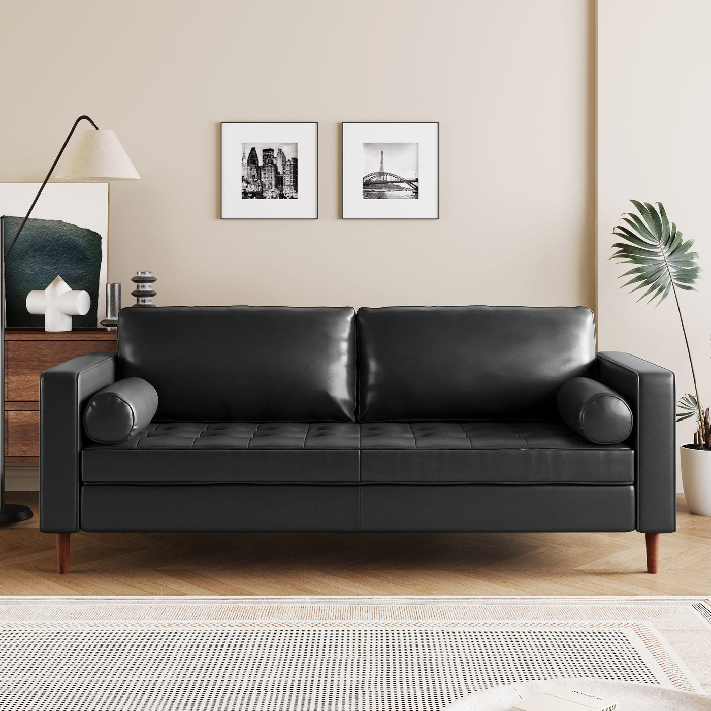 Mirod Mid-Century Modern PU Leather 3-Seat Sofa, Tufted Design, Solid Wood Legs, 2 Bolster Pillows, Comfortable Couch for Living Room & Home Office