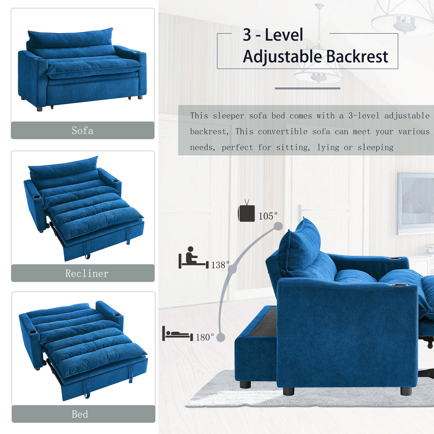 Convertible Sofa Bed, 3-in-1 Multi-Functional Velvet Sleeper Couch Pull-Out Bed, 47'' Loveseat Chaise Lounge with Adjustable Backrest , Living Room, Small Space