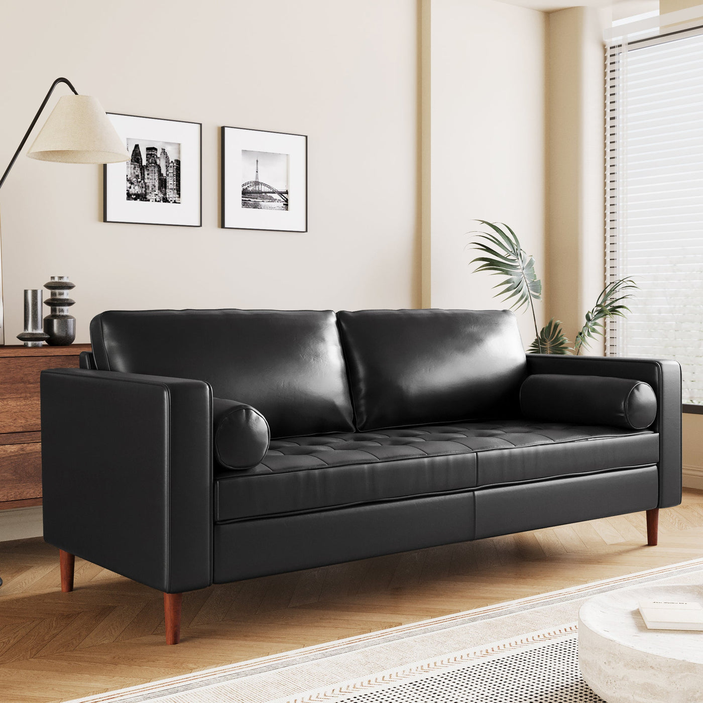 Mirod Mid-Century Modern PU Leather 3-Seat Sofa, Tufted Design, Solid Wood Legs, 2 Bolster Pillows, Comfortable Couch for Living Room & Home Office