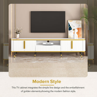 ON-TREND Luxury Minimalism TV Stand with Open Storage Shelf for TVs Up to 85', Entertainment Center with Cabinets and Drawers, Practical Media Console with Unique Legs for Living Room, White