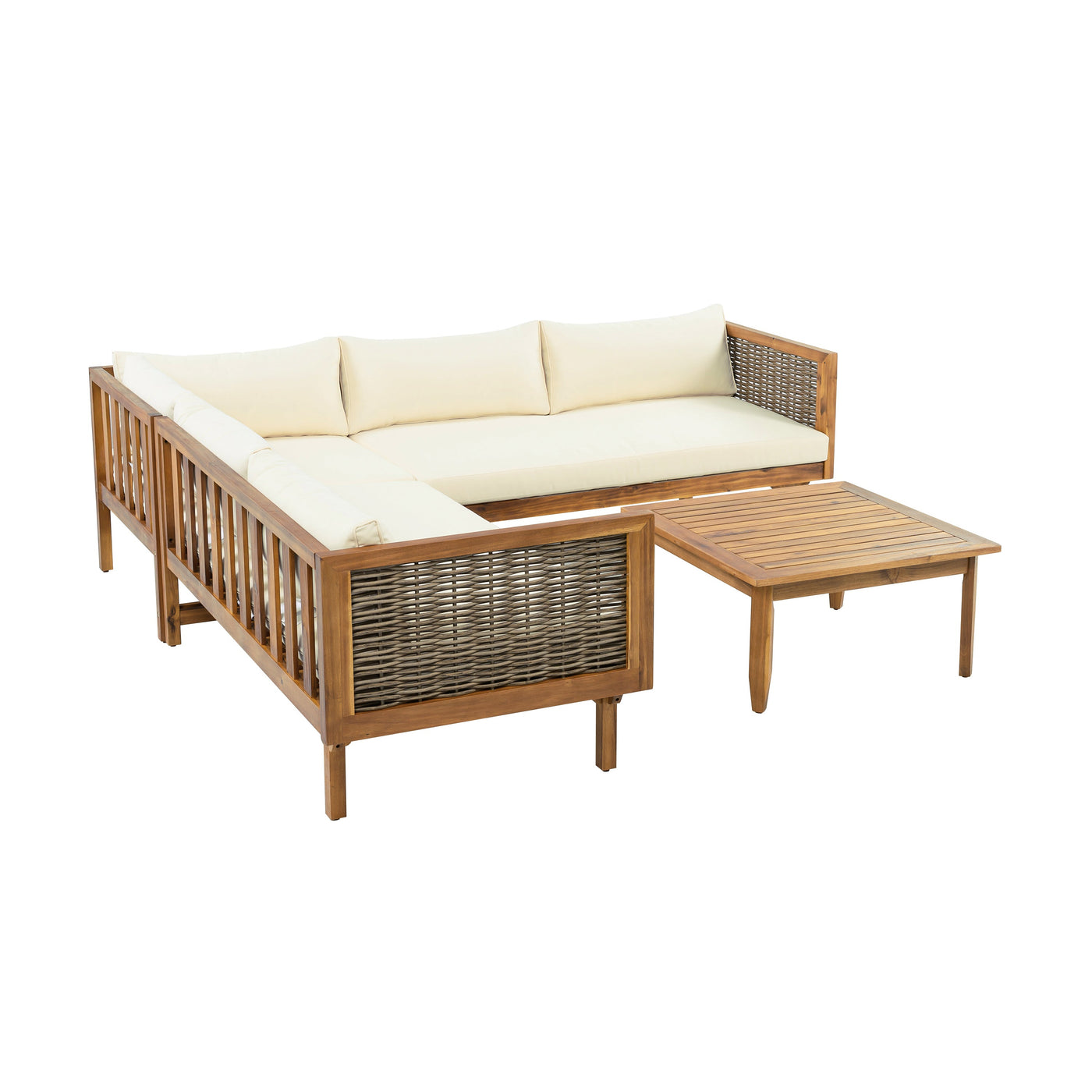 Premium Outdoor Sofa Set with Waterproof Cushions in Beige - Sectional Seating Group with Acacia Wood and Wicker
