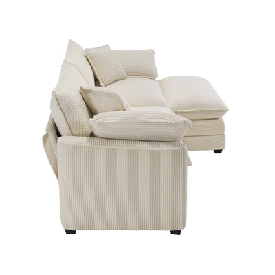 Light Beige Corduroy L-Shaped Two-Seater Sofa with Ottoman for Small Living Spaces