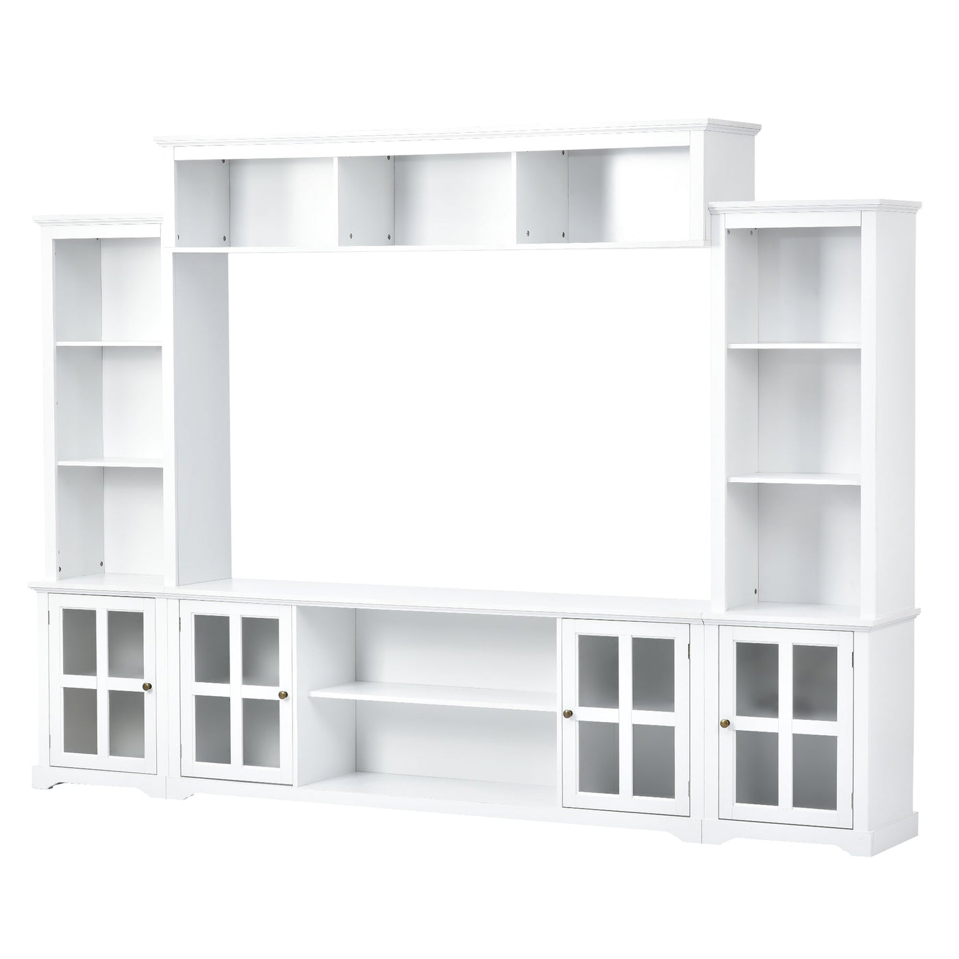 [VIDEO provided] ON-TREND Minimalism Entertainment Wall Unit with Bridge, Modern TV Console Table for TVs Up to 70', Multifunctional TV Stand with Tempered Glass Door, White (Old SKU: SD000009AAK)