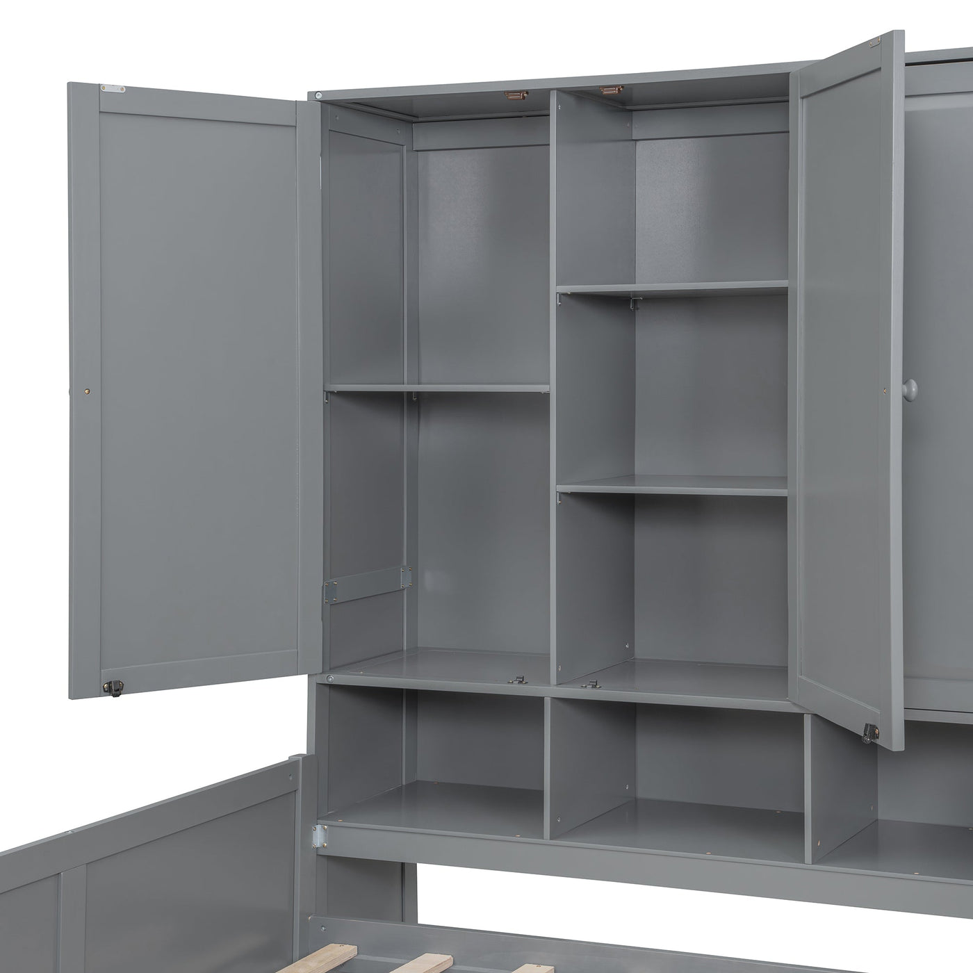 Full Size Wooden Daybed With Three Drawers, and All-in-One Cabinet, Desk and Shelves, Gray