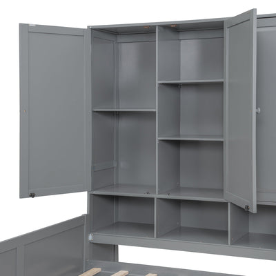 Full Size Wooden Daybed With Three Drawers, and All-in-One Cabinet, Desk and Shelves, Gray