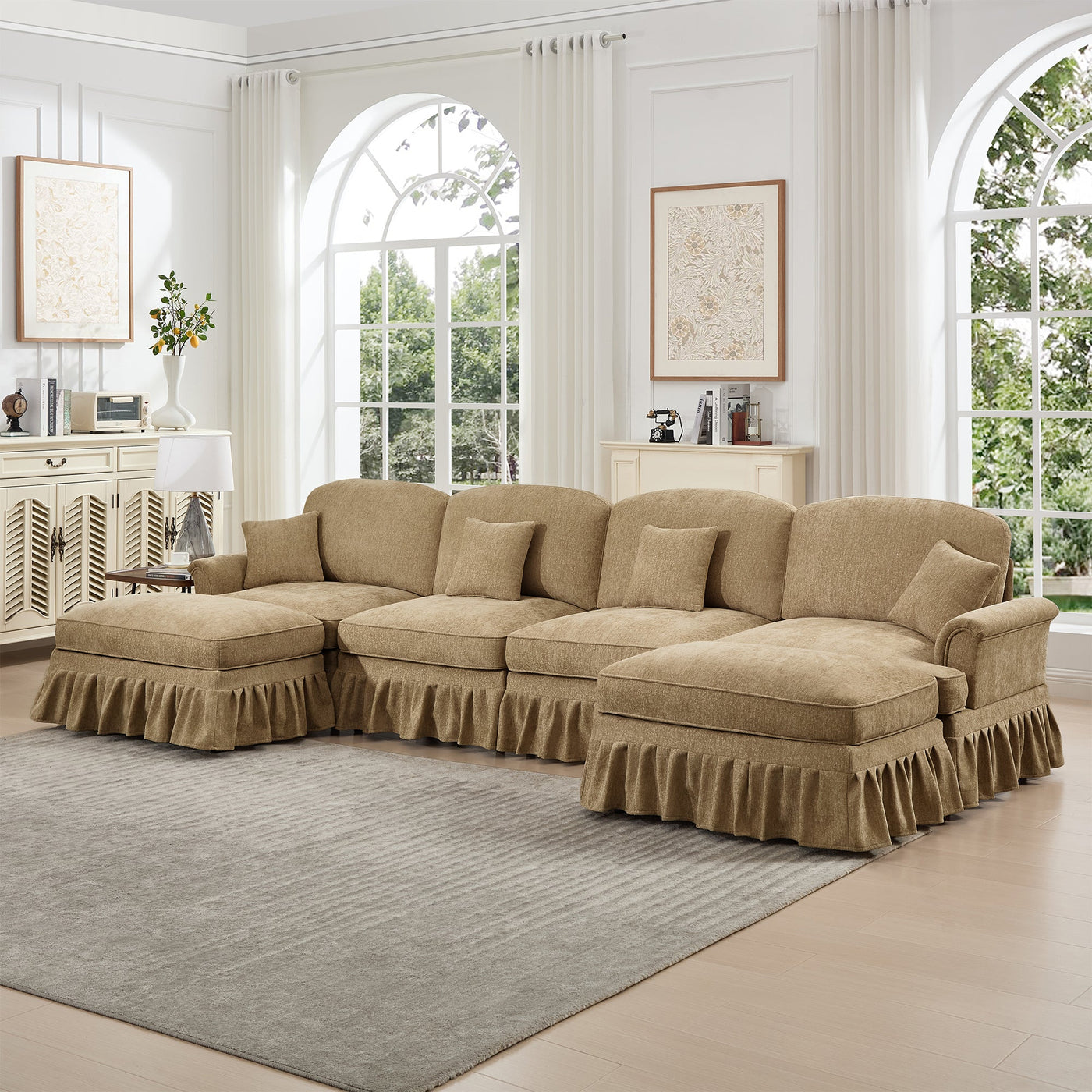 Classic U Shape 4 Seater Modular Sectional Sofa Couch with Flared Arms and Removable Ruffles Pleats Skirts and Spindle Legs, Chenille Deep Seat Cloud Sofa with Movable Ottomans, Light Coffee