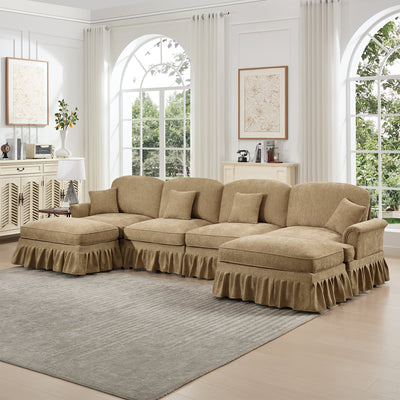 Classic U Shape 4 Seater Modular Sectional Sofa Couch with Flared Arms and Removable Ruffles Pleats Skirts and Spindle Legs, Chenille Deep Seat Cloud Sofa with Movable Ottomans, Light Coffee
