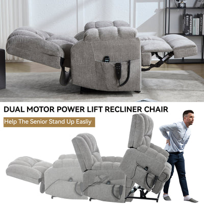 Dual Motor Heat Massage Infinite Position Up to 350 LBS Electric Power Lift Recliners with Power-Remote, Medium-firm and Heavy Duty, Light Grey