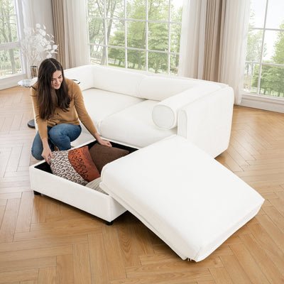 Stylish Modern Fabric 2-Seater Sofa with Ottoman Storage, White Chenille, Cylindrical Backrest and Armrests