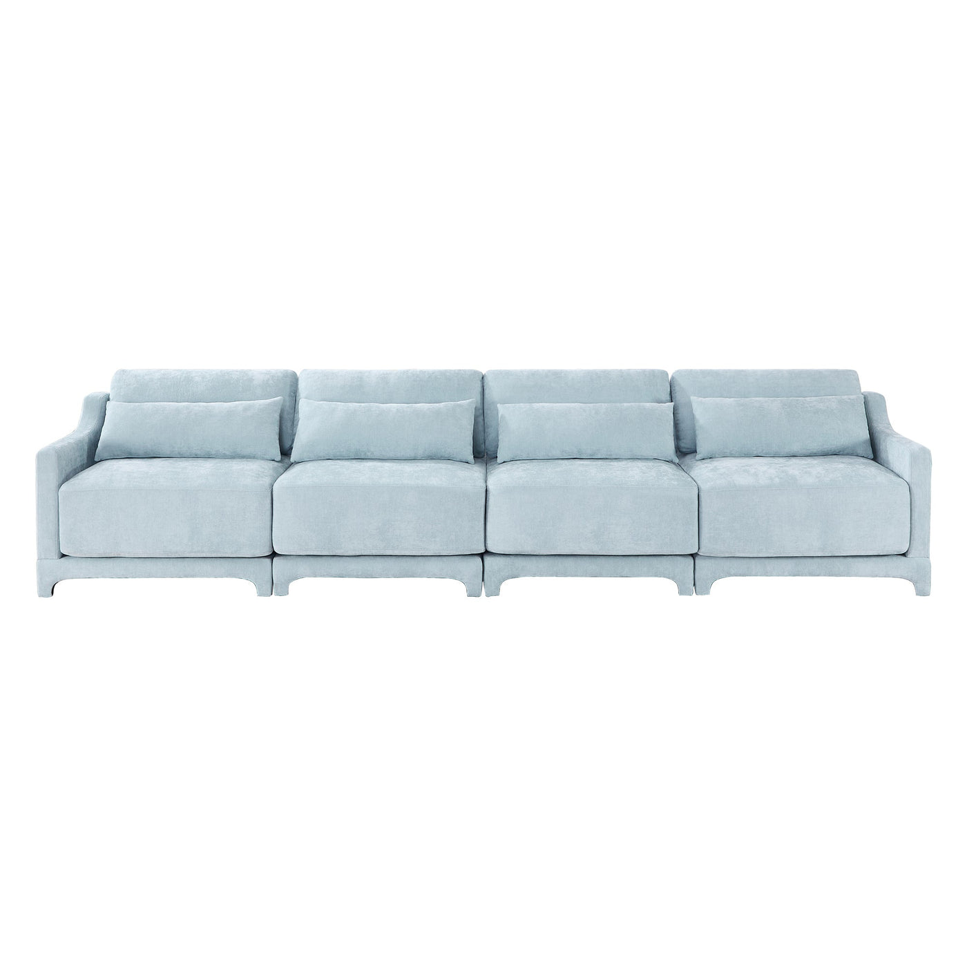 Sky Blue Four-Seater Chenille Sofa with Lumbar Pillow, Ergonomic Design, Solid Wood Frame
