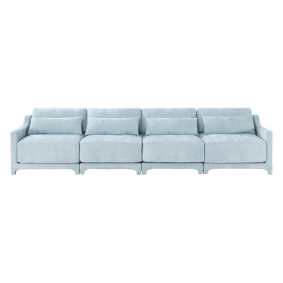 Sky Blue Four-Seater Chenille Sofa with Lumbar Pillow, Ergonomic Design, Solid Wood Frame