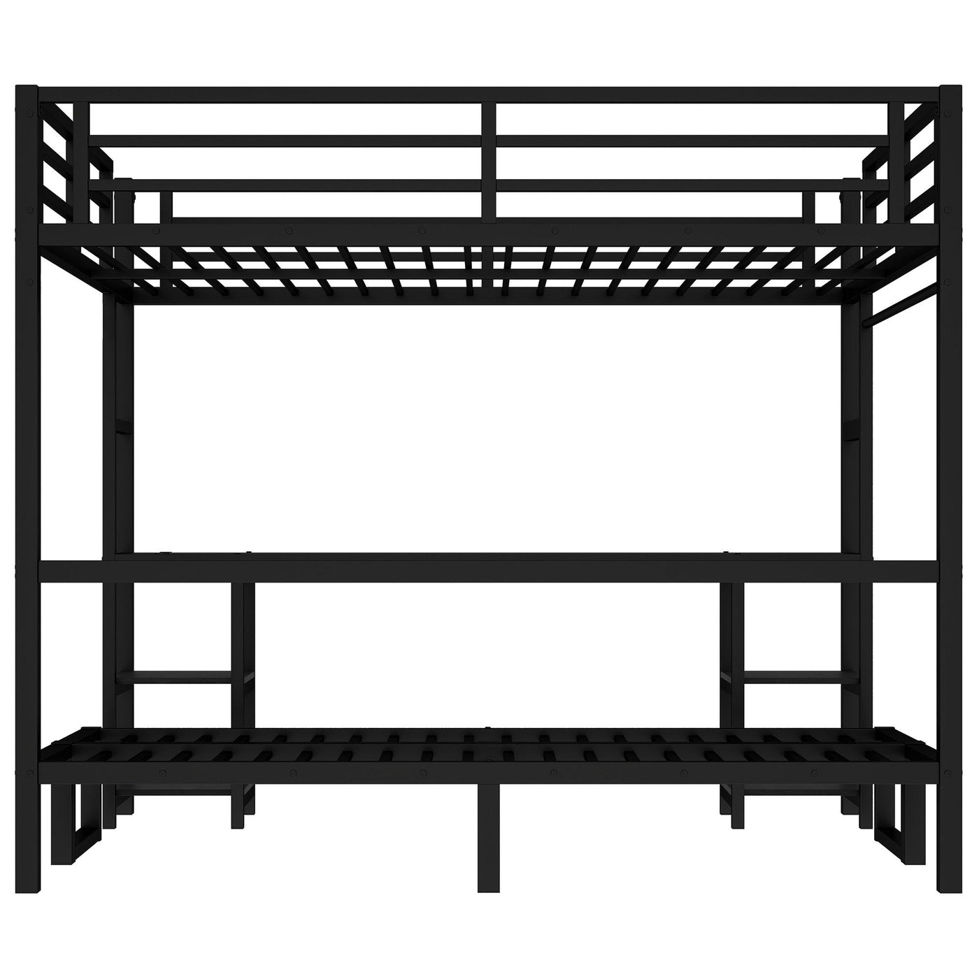 Queen Over Twin XL Metal Bunk Bed/Loft Bed with Desk and Shelves, Multiple Uses Folds into Sofa with LED and USB, Black