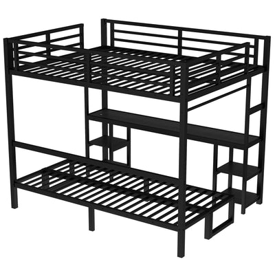 Queen Over Twin XL Metal Bunk Bed/Loft Bed with Desk and Shelves, Multiple Uses Folds into Sofa with LED and USB, Black