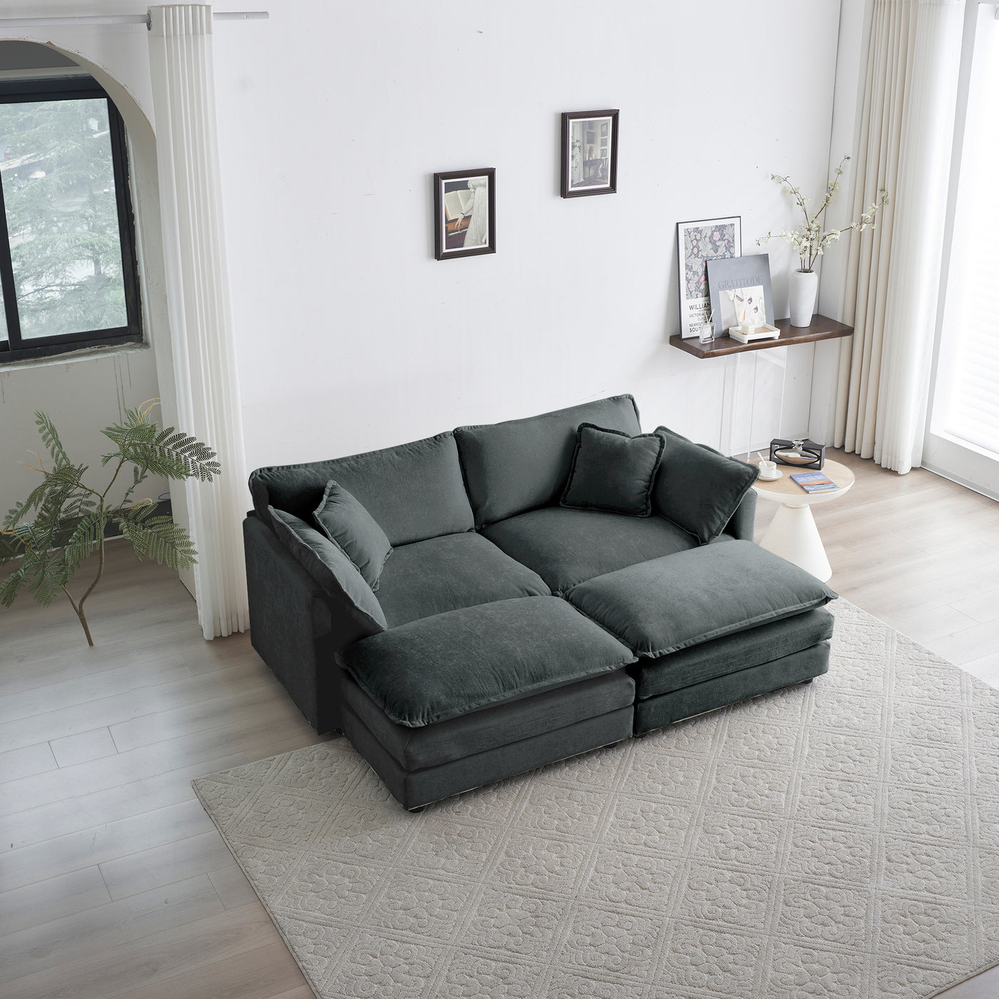 4 - Piece Upholstered Sectional Sofa, 1 - Piece of 2 Seater Sofa and 2- Piece of Ottomans , 2 Seater Loveseat Lounge with Ottomans , Gray Chenille