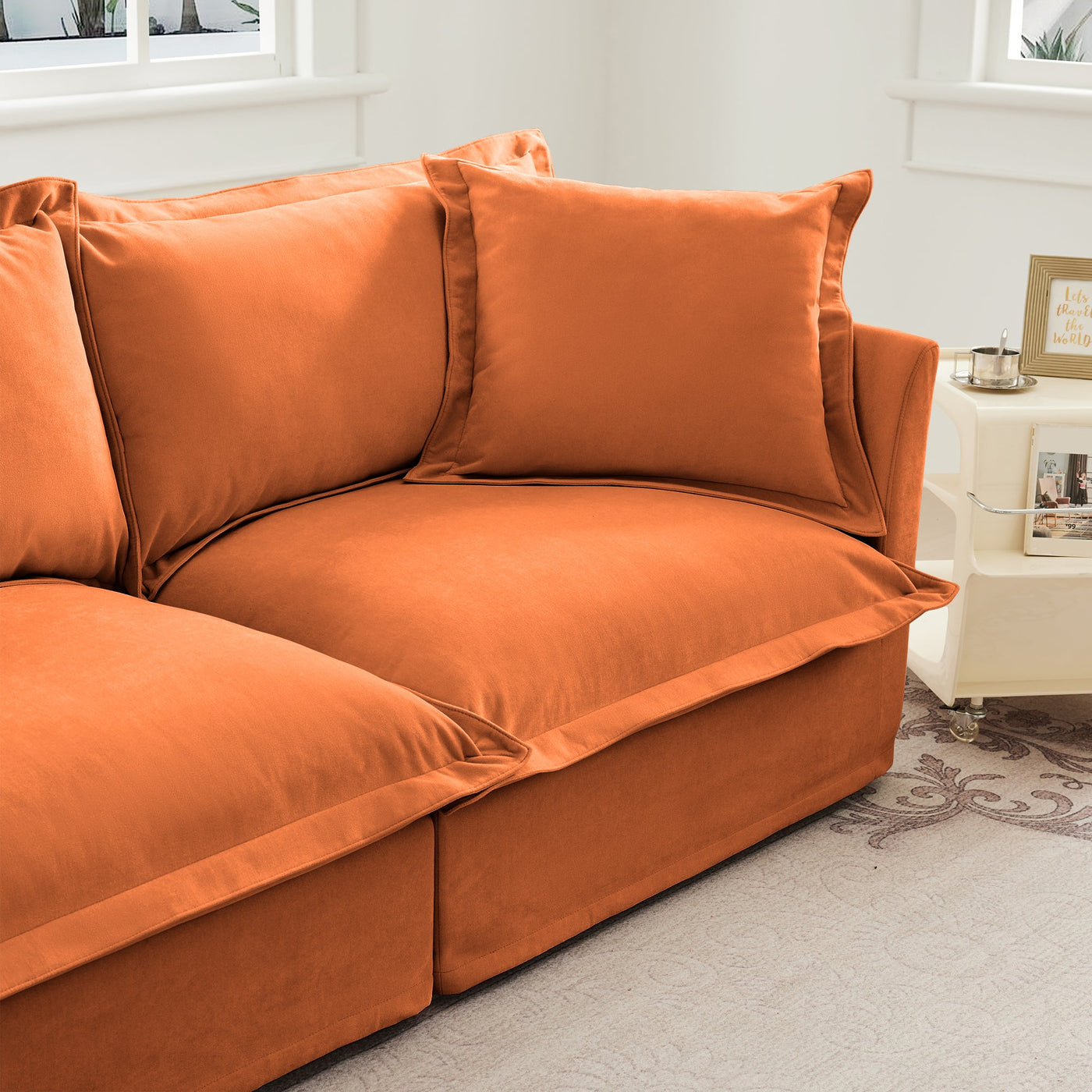 L-Shaped Slipcovered Sectional Sofa Couch, Comfy Chenille Deep Seat Cloud Couch with Convertible Ottoman & 2 Big Pillows, Modern Oversized 3 Seater Slipcovered Sofa Set for Living Room Office, Orange