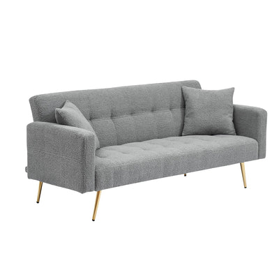 Contemporary Grey Teddy Fleece Sofa Bed with Two Throw Pillows and Metal Legs