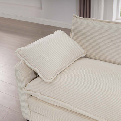 Light Beige Corduroy L-Shaped Two-Seater Sofa with Ottoman for Small Living Spaces
