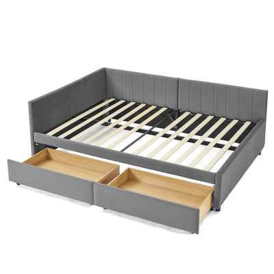 Full Size Upholstered Tufted Bed Frame with Two Drawers, Sofa Bed Frame with Comfortable Backrest and Armrests, Velvet, Grey(79.5''x58''x25'')