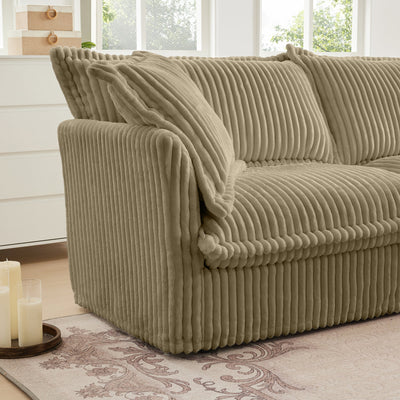 L-Shaped Slipcovered Sectional Sofa Couch, Comfy Deep Seat Cloud Couch with Convertible Ottoman & 2 Big Pillows, Modern Oversized 3 Seater Slipcovered Sofa Set for Living Room Office, Camel Corduroy