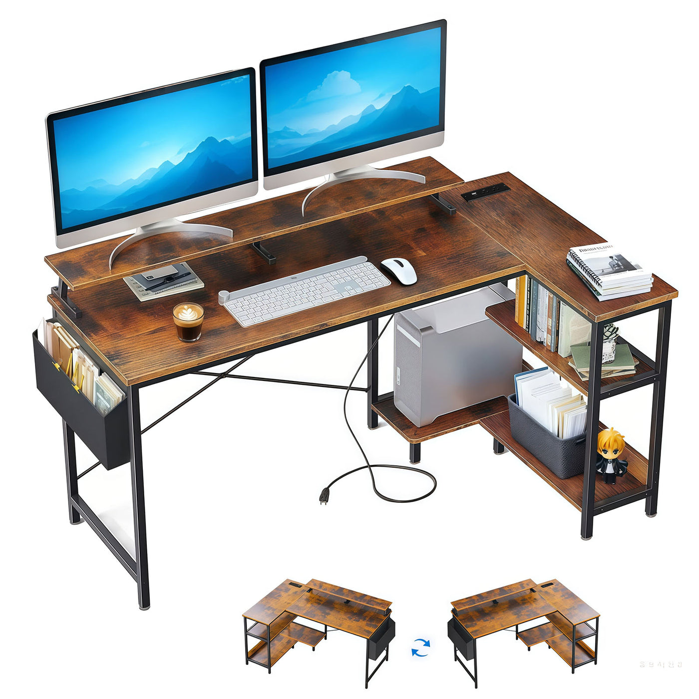 47'' Gaming Desk with Power Outlets, Reversible L Shaped Computer Desk with Monitor Stand & Storage Shelves, Corner Home Office Desk with Side Bag for Home Office, Bedroom, Small Space, Vintage