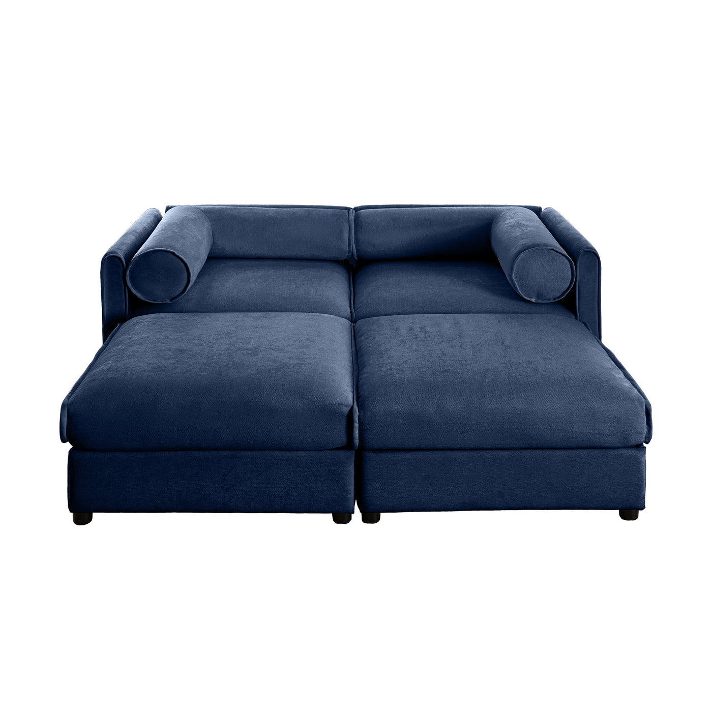 Modern Blue Chenille 2-Seater Sofa with Ottoman Storage and Cylindrical Support