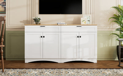 ON-TREND Farmhouse TV Stand with 2 Drawers for TVs Up to 70', Versatile Wood Grain Sideboard with Adjustable Shelves, Mid-Century Buffet Cabinet with Rustic Handles for Living Room/Bedroom, White