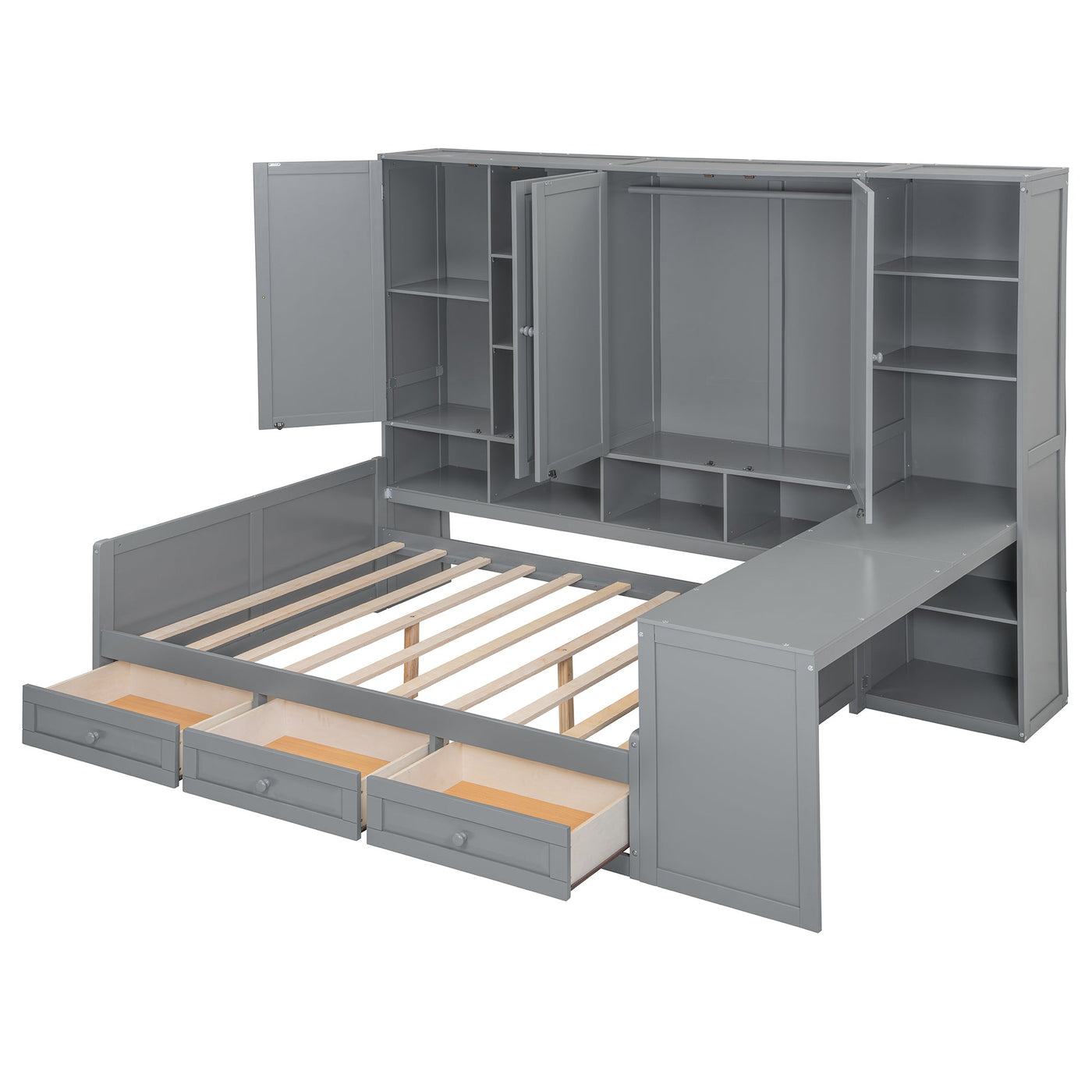 Full Size Wooden Daybed With Three Drawers, and All-in-One Cabinet, Desk and Shelves, Gray