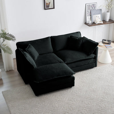 Chenille Two-Seater Sofa with 1 Footrest, 2 Seater L-Shaped Sectional with Ottoman,Loveseat with Ottoman for Small Living Space, Black Chenille