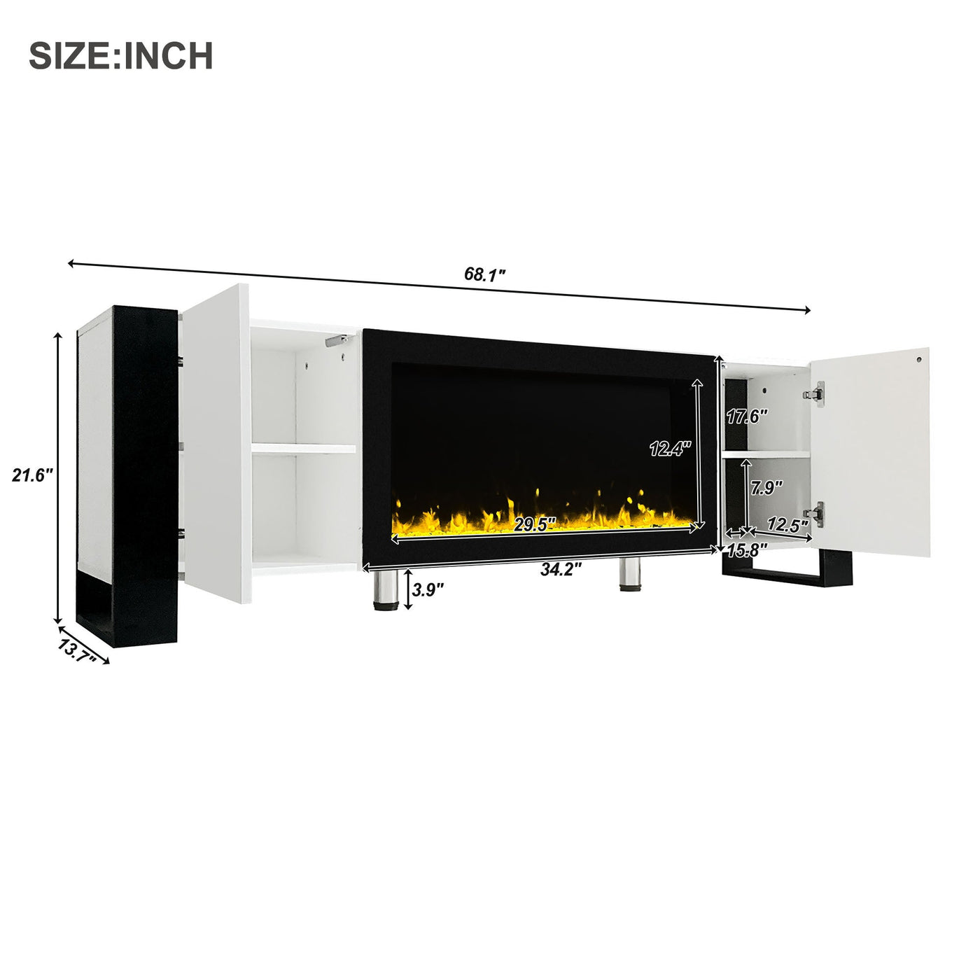 ON-TREND Modern TV Stand with 34.2' Non-heating Electric Fireplace, High Gloss Entertainment Center with 2 Cabinets, Media Console for TVs up to 78', White