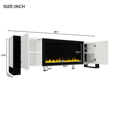 ON-TREND Modern TV Stand with 34.2' Non-heating Electric Fireplace, High Gloss Entertainment Center with 2 Cabinets, Media Console for TVs up to 78', White