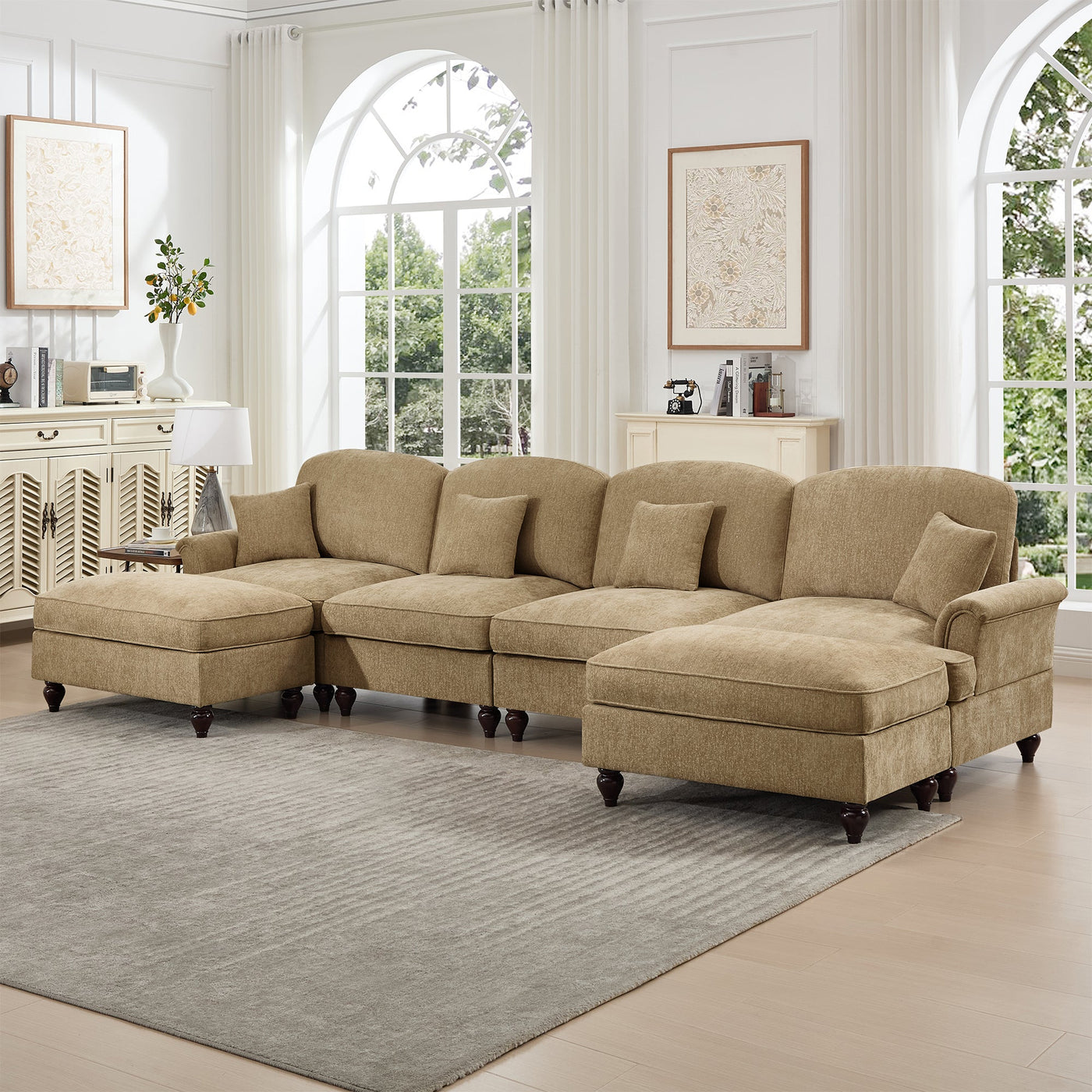Classic U Shape 4 Seater Modular Sectional Sofa Couch with Flared Arms and Removable Ruffles Pleats Skirts and Spindle Legs, Chenille Deep Seat Cloud Sofa with Movable Ottomans, Light Coffee