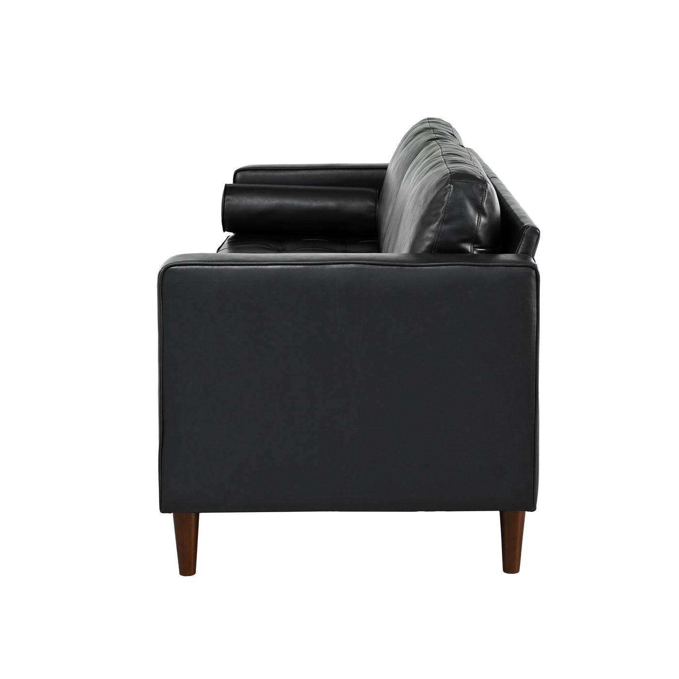 Mirod Mid-Century Modern PU Leather 3-Seat Sofa, Tufted Design, Solid Wood Legs, 2 Bolster Pillows, Comfortable Couch for Living Room & Home Office