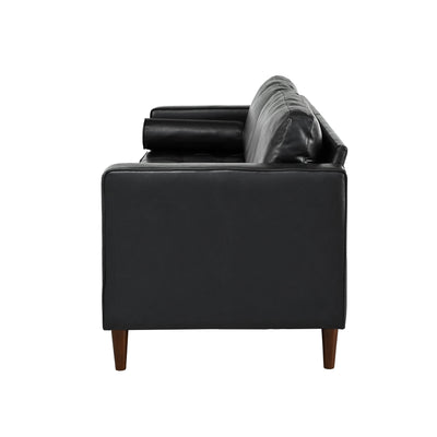 Mirod Mid-Century Modern PU Leather 3-Seat Sofa, Tufted Design, Solid Wood Legs, 2 Bolster Pillows, Comfortable Couch for Living Room & Home Office