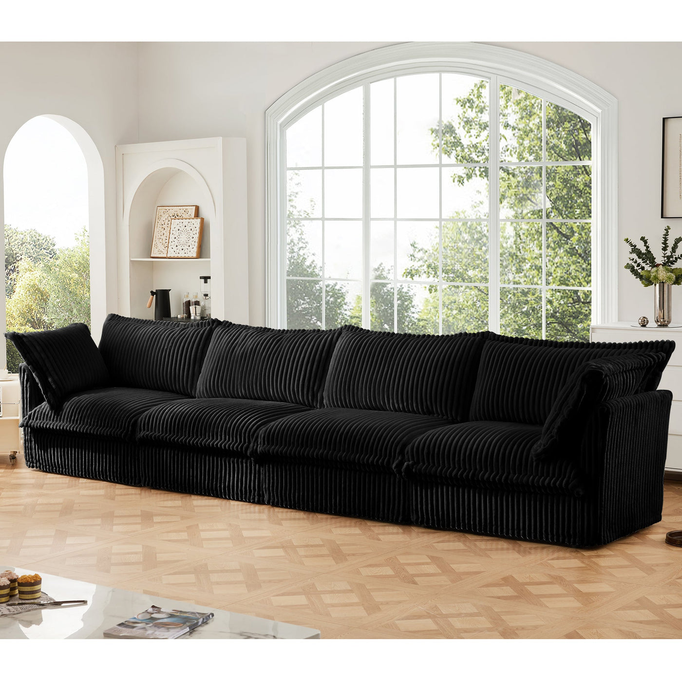 Slipcovered Long Sofa, 4 Seater Sofa with Removable Cover, Extra Deep Couch for Living Room, Corduroy Fabric Cloud Like Comfy Sofa Couch, Black Corduroy Fabric