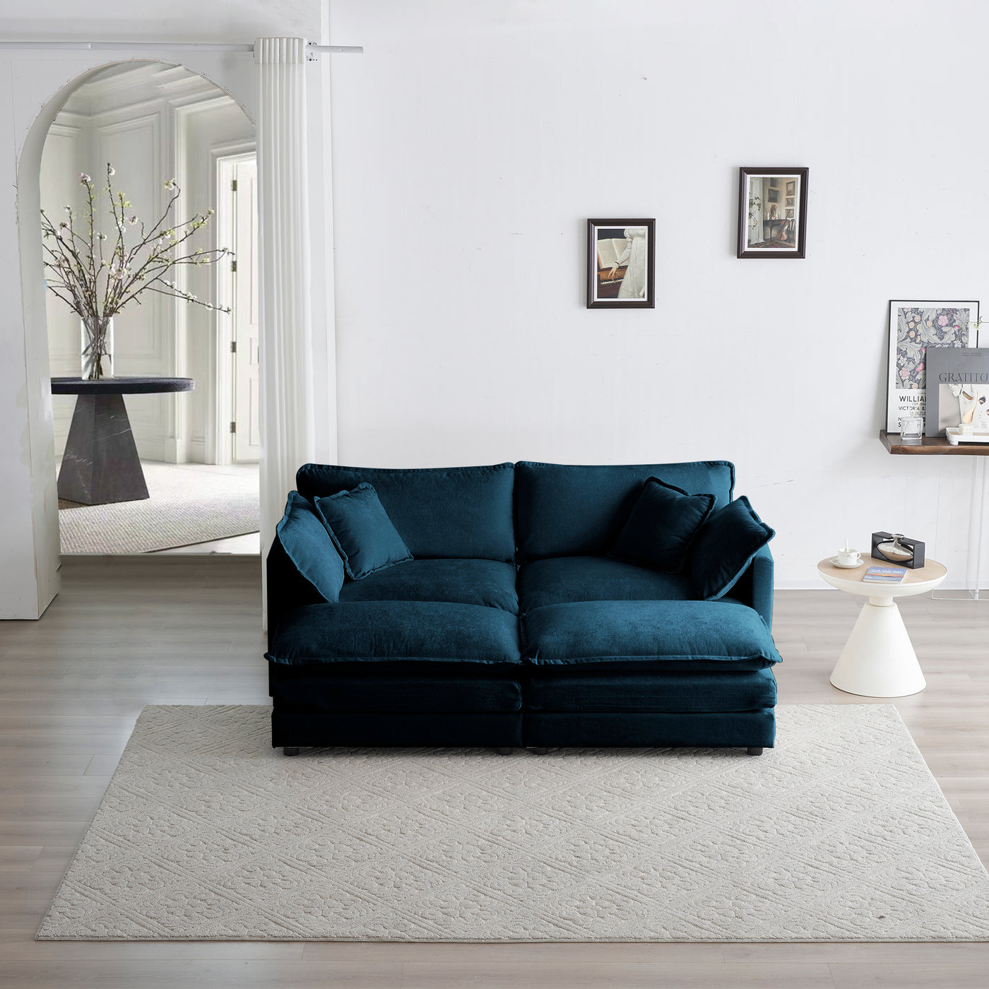 4 - Piece Upholstered Sectional Sofa, 1 - Piece of 2 Seater Sofa and 2- Piece of Ottomans , 2 Seater Loveseat Lounge with Ottomans , Blue Chenille