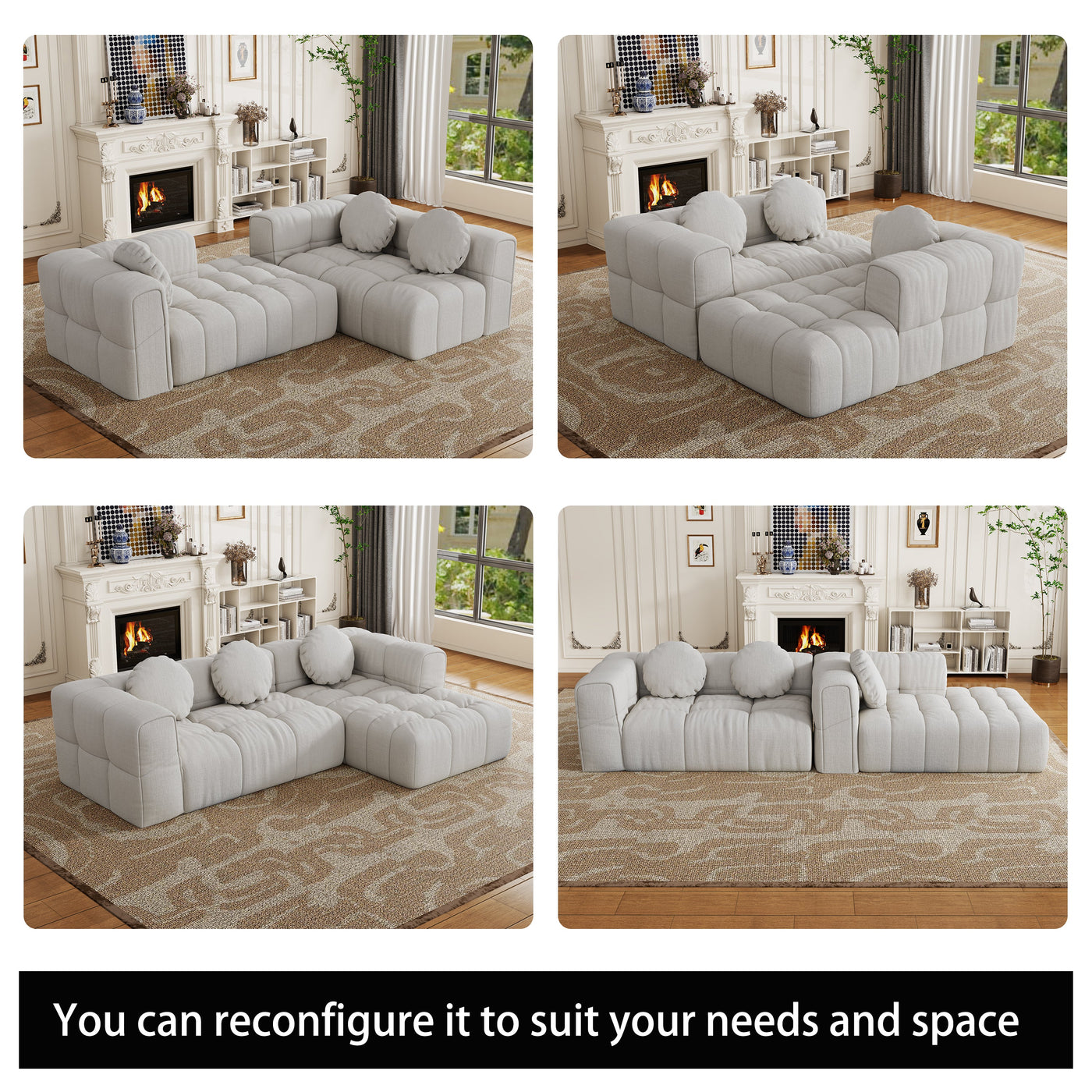Modern upholstered combination sofa set, fully compressed modular 103' L-shaped combination living room sofa set with 3 pillows, free combination sofa for living room and bedroom (Right side recliner)