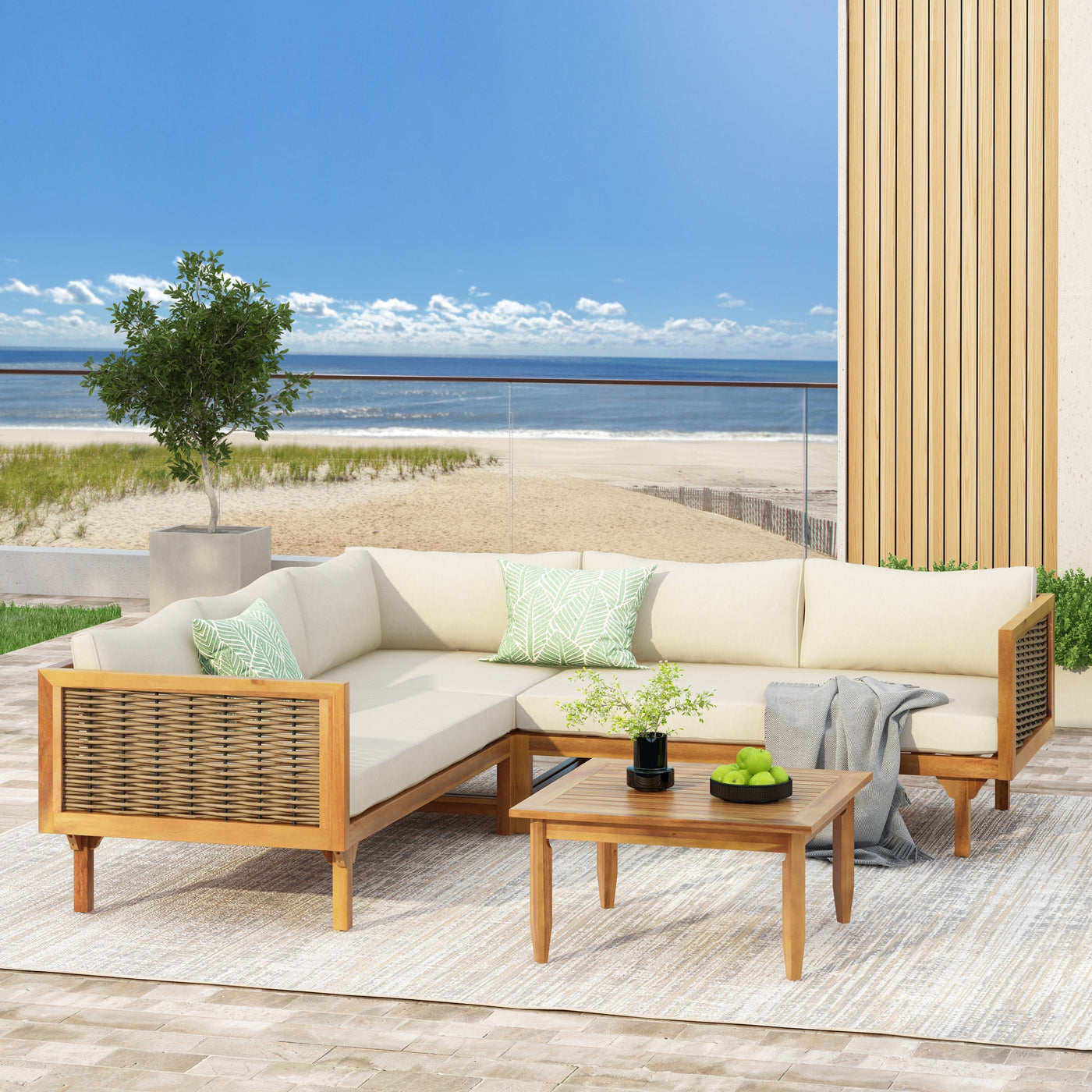 Premium Outdoor Sofa Set with Waterproof Cushions in Beige - Sectional Seating Group with Acacia Wood and Wicker