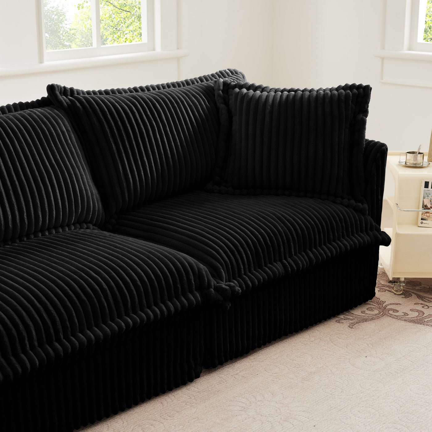 Slipcovered Long Sofa, 4 Seater Sofa with Removable Cover, Extra Deep Couch for Living Room, Corduroy Fabric Cloud Like Comfy Sofa Couch, Black Corduroy Fabric