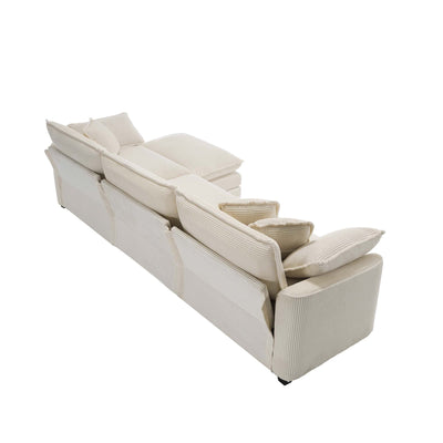 Classic & Modern Sectional Sofa with Ottoman - Light Beige Corduroy Upholstered 3-Seat Couch for Living Room