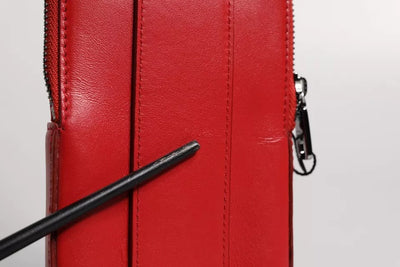 Dolce & Gabbana Red Leather Logo Zip Around Card Holder Wide Strap Wallet