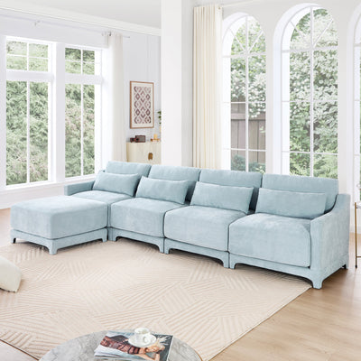 Stylish Four-Seater Sofa with Movable Ottoman in Sky Blue Chenille Fabric with Ergonomic Design