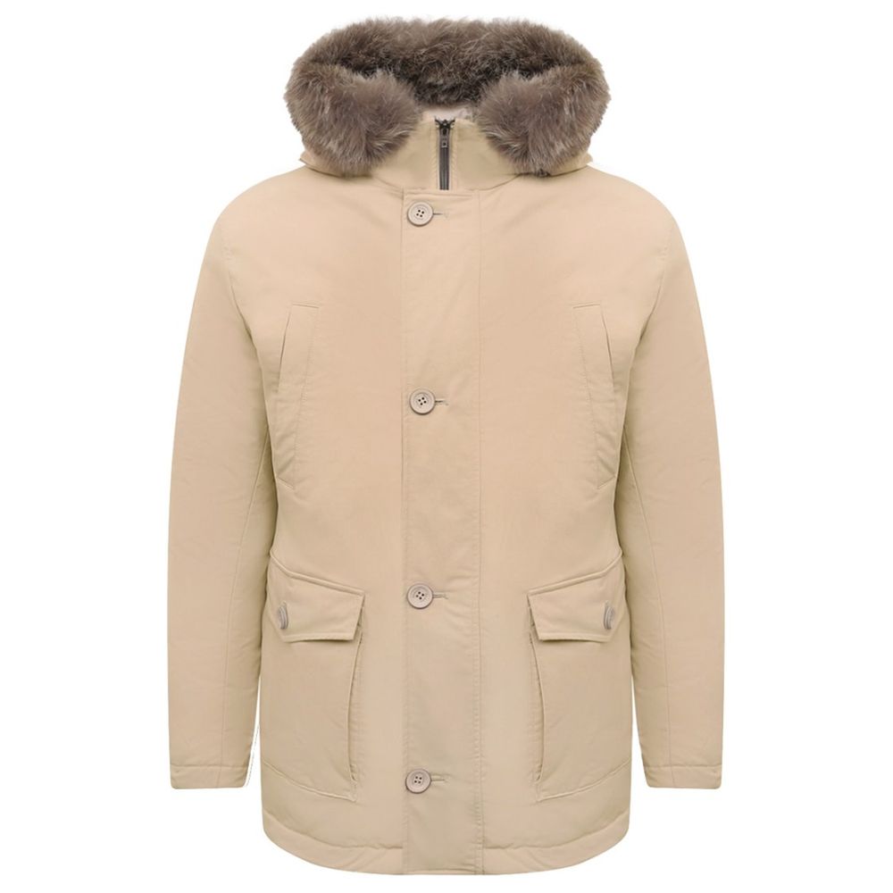 Herno Beige Nylon Men Jacket with Fur-Trimmed Hood