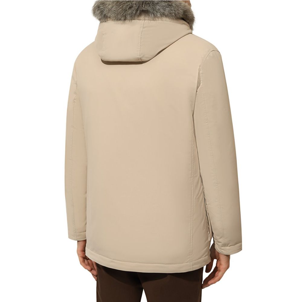 Herno Beige Nylon Men Jacket with Fur-Trimmed Hood